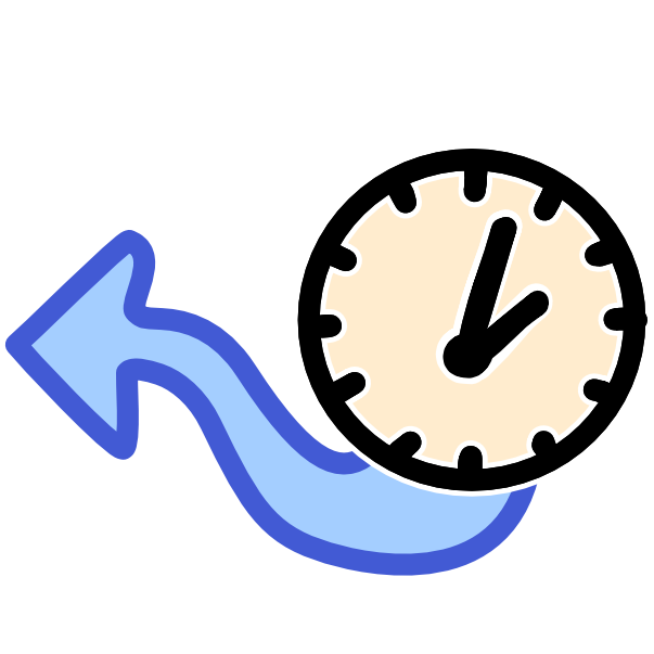 A clock with a curvy blue arrow coming from it pointing left.